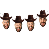 funny face banner of man with a brown cowboy hat strung on a white background